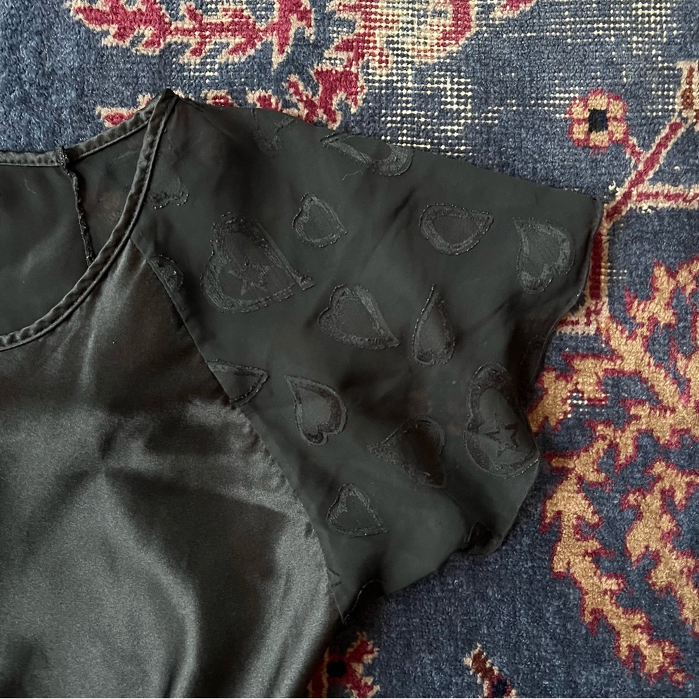 Y2K Vintage Delta Burke Black Satin Nightgown with Sheer Heart Sleeves - Size 1X